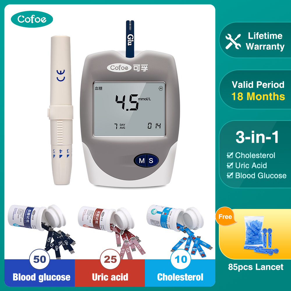 Cofoe 3-in-1 10pcs Cholesterol & 25pcs Uric Acid & 50pcs Blood Glucose Meter Total 85pcs Test Strips Lancets Multifunctional Glucometer Kit Diabetes Alat Cek Kolestrol Tester Monitor Device Cholesterol Test Machine ราคา 2,719 บาท*ส่งฟรี