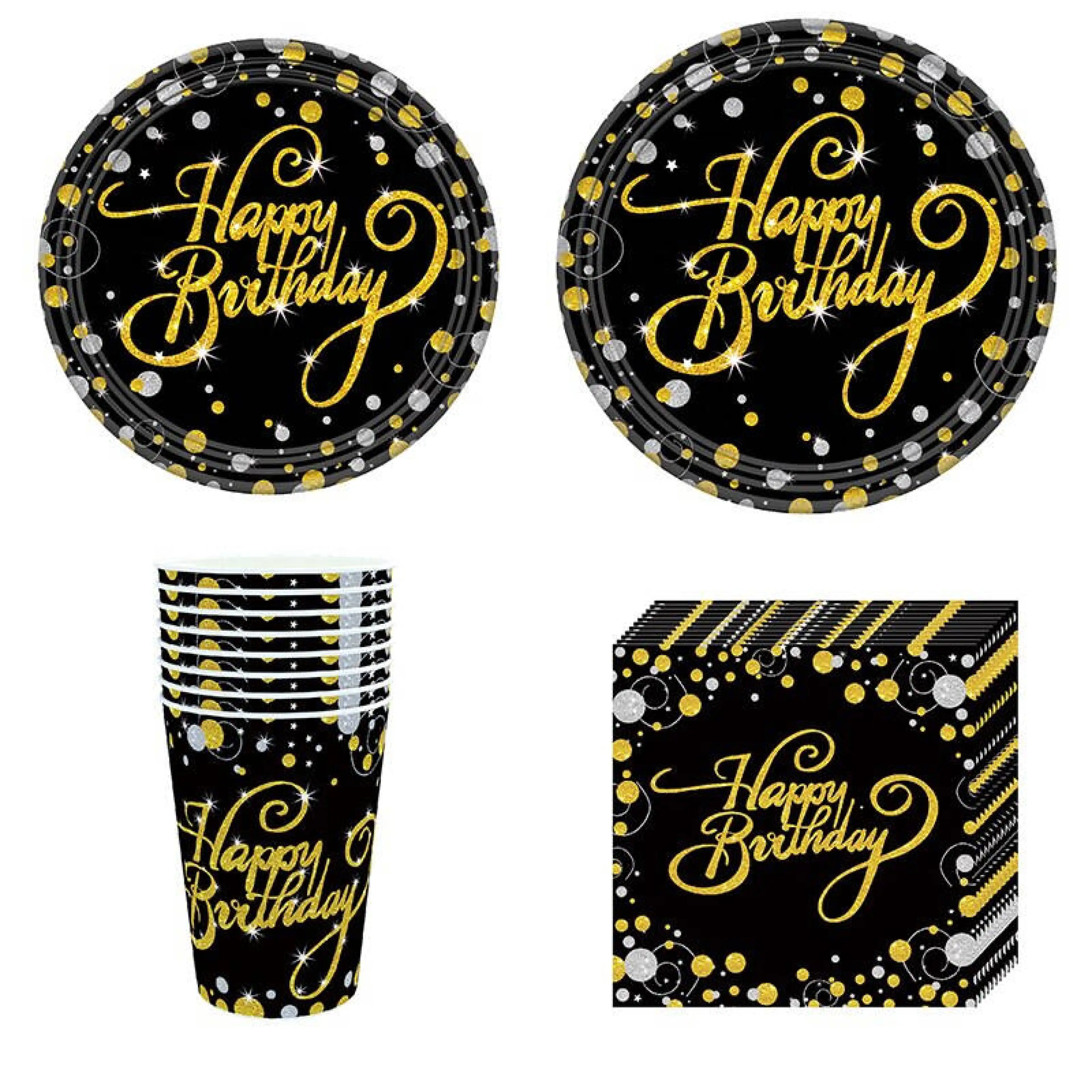 เซ็ทปาร์ตี้ วันเกิด สีดำ สกรีน HBD สี ทอง / ชมพู แก้ว - จานกระดาษ ทิชชู่ Birthday Party Table Set Plate Napkin Cup
