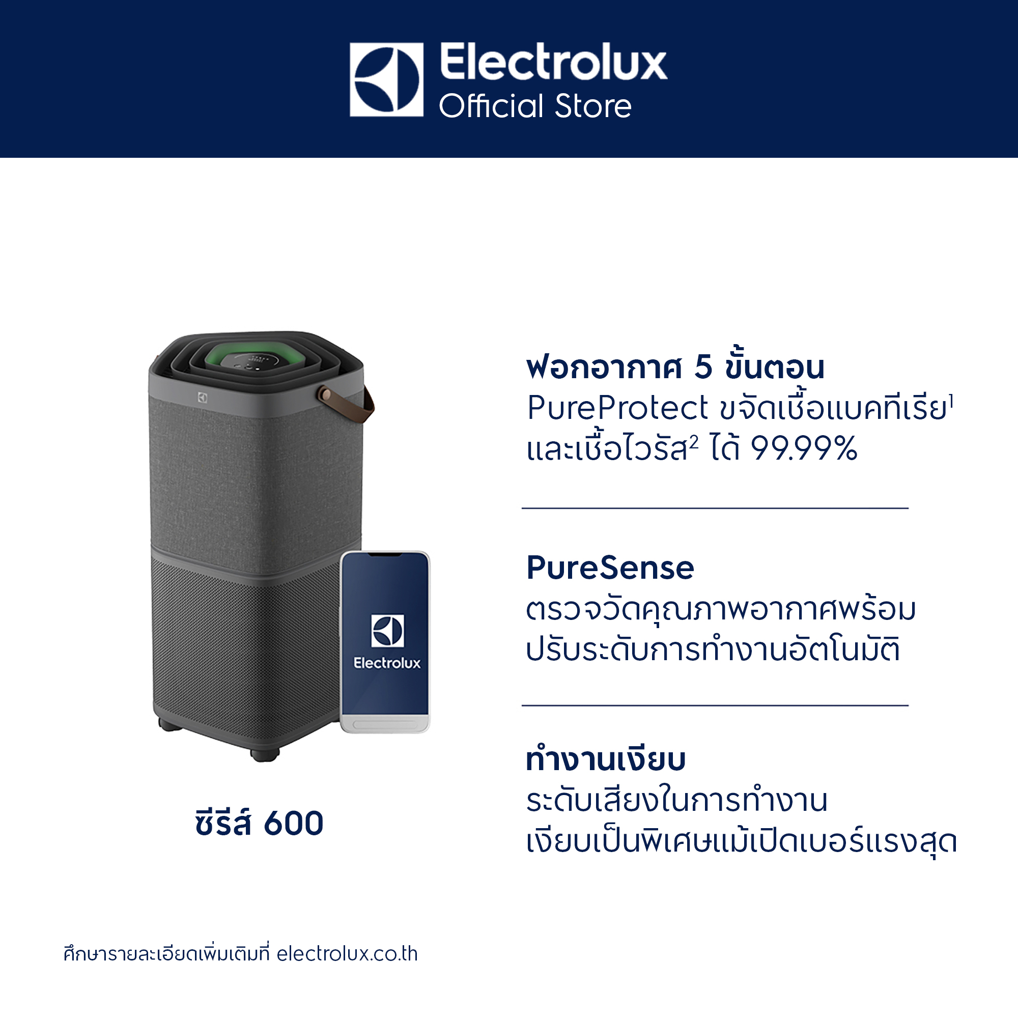 เครื่องฟอกอากาศ Electrolux พร้อมแผ่นกรอง 5 ชั้น สำหรับห้องขนาดไม่เกิน 71 ตร.ม. M.Ultimatehome 300 รุ่น Ep71-56Dgb สีเทาเข้ม ราคา 14,990 บาท*ส่งฟรี