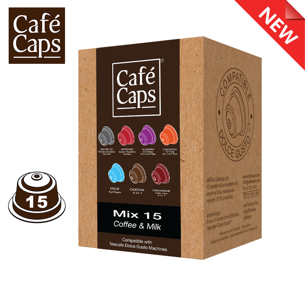 Cafecaps - Coffee Nescafe Dolce Gusto MIX 15 Compatible capsules of Ristretto, Intenso, Cremoso,Allegro,Milk,Tea &Cocoa (1 Box X15 capsules แคปซูล) - รวมรสแคปซูลกาแฟ นม และโกโก้ ที่เข้ากันได้กับเครื่องNescafe Dolce Gusto กาแฟสไตล์อิตาเลียนทั่วไป ราคา 239 บาท*ส่งฟรี