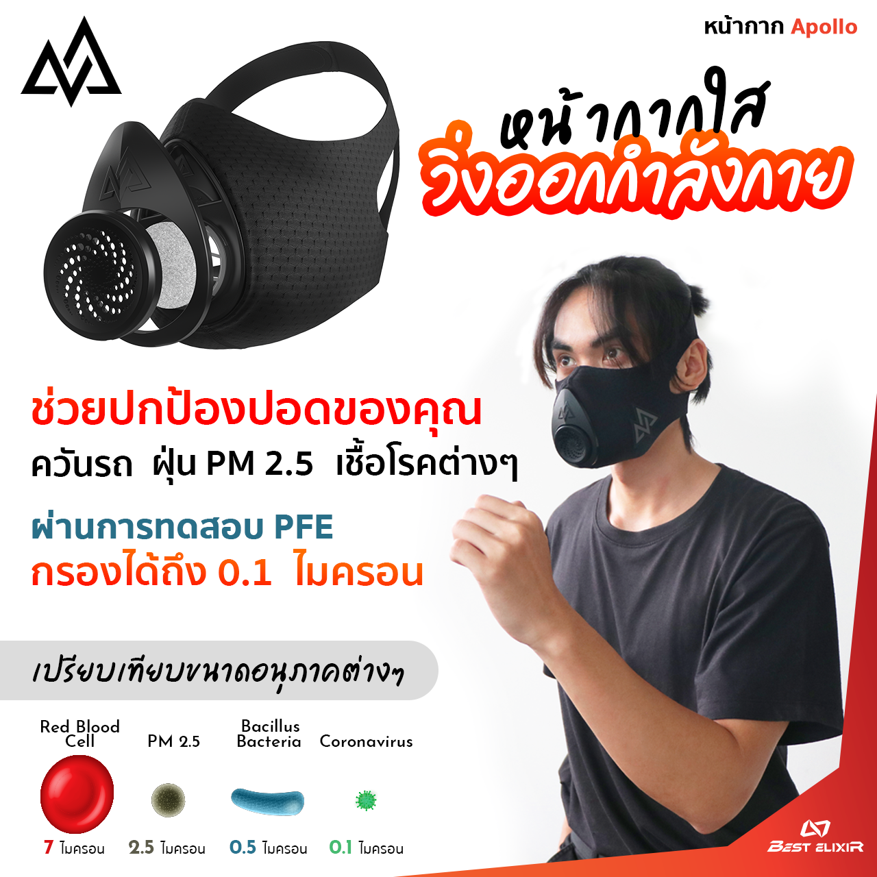 Apollo - หน้ากากใส่วิ่งออกกำลังกาย กรองได้ถึง 0.1 ไมครอน ปกป้องปอดจาก ควันรถ ฝุ่นPM2.5 เชื่อโรคต่างๆที่มีขนาดเล็กมาก ราคา 3,990 บาท*ส่งฟรี