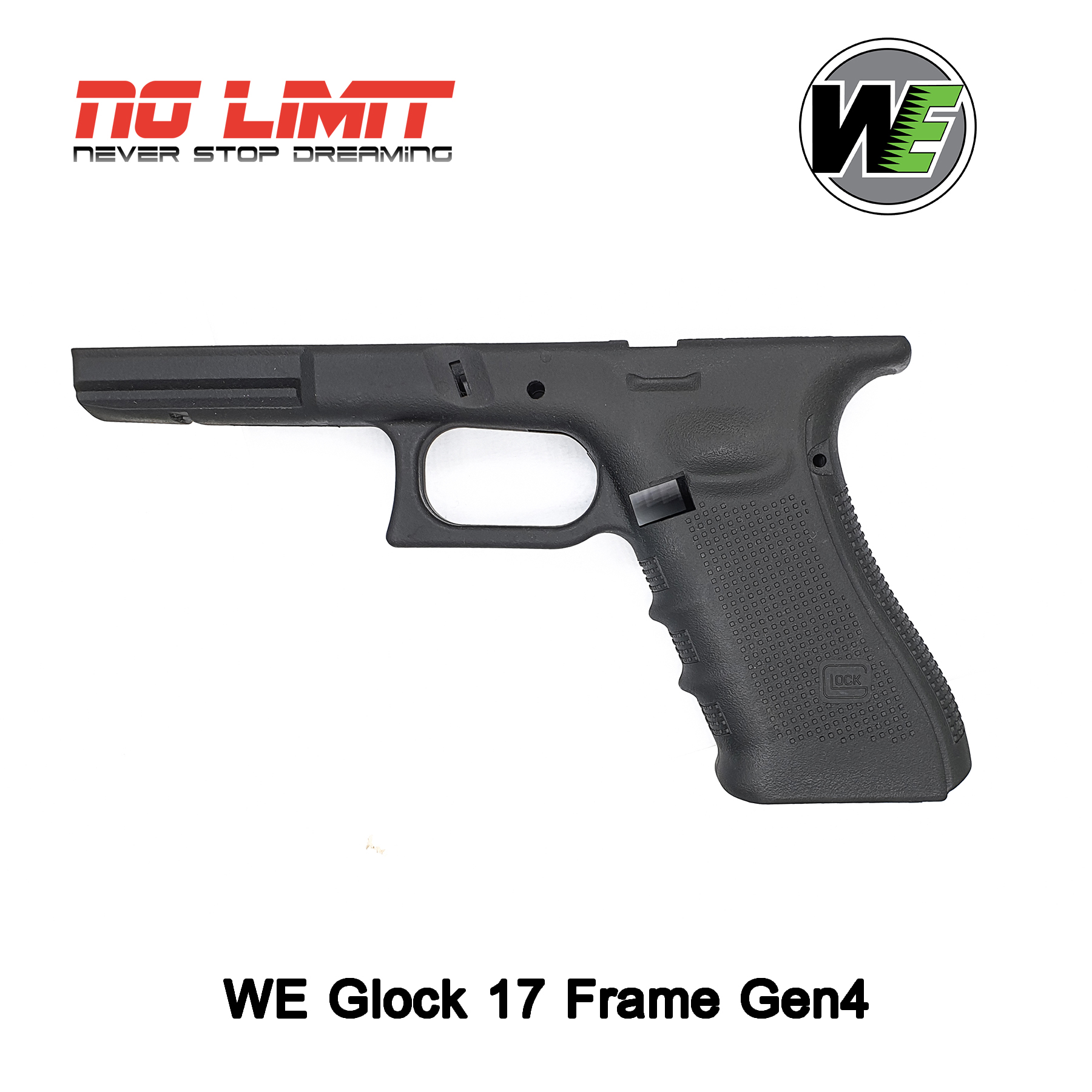 เฟรม Glock ฟูลมาร์คกิ้ง สำหรับ WE G17 / G18 / G34 / G35 มีให้เลือกทั้ง Gen3 และ Gen4 โลโก้เหมือนจริง วัสดุเป็นโพลีเมอร์ อะไหล่บีบีกัน
