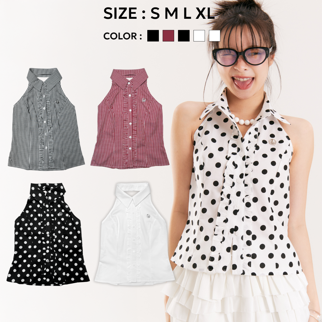 Bemingtop916(S-XL)-Dot & Check Sleeveless Shirt – คอปกแขนกุดสุดคลาสสิก ราคา 386 บาท*ส่งฟรี