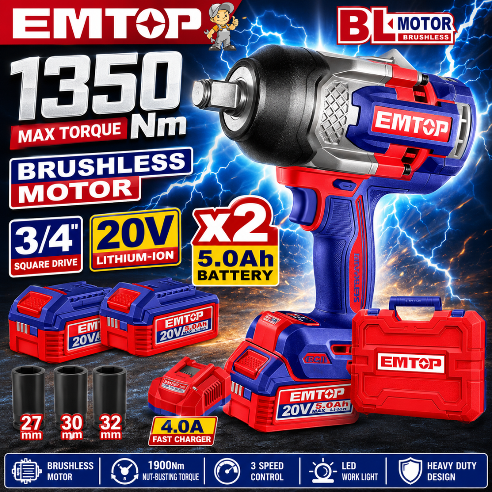 Emtop Wireless Impact Block Model Eciwl20135, Battery Block 1350Nm (Free 2 5.0Ah Batteries with Charger) Tools for Mechanic and Heavy-Duty Work, Supports Work Such as Tightening Car Wheel Nuts. ราคา 10,195 บาท*ส่งฟรี