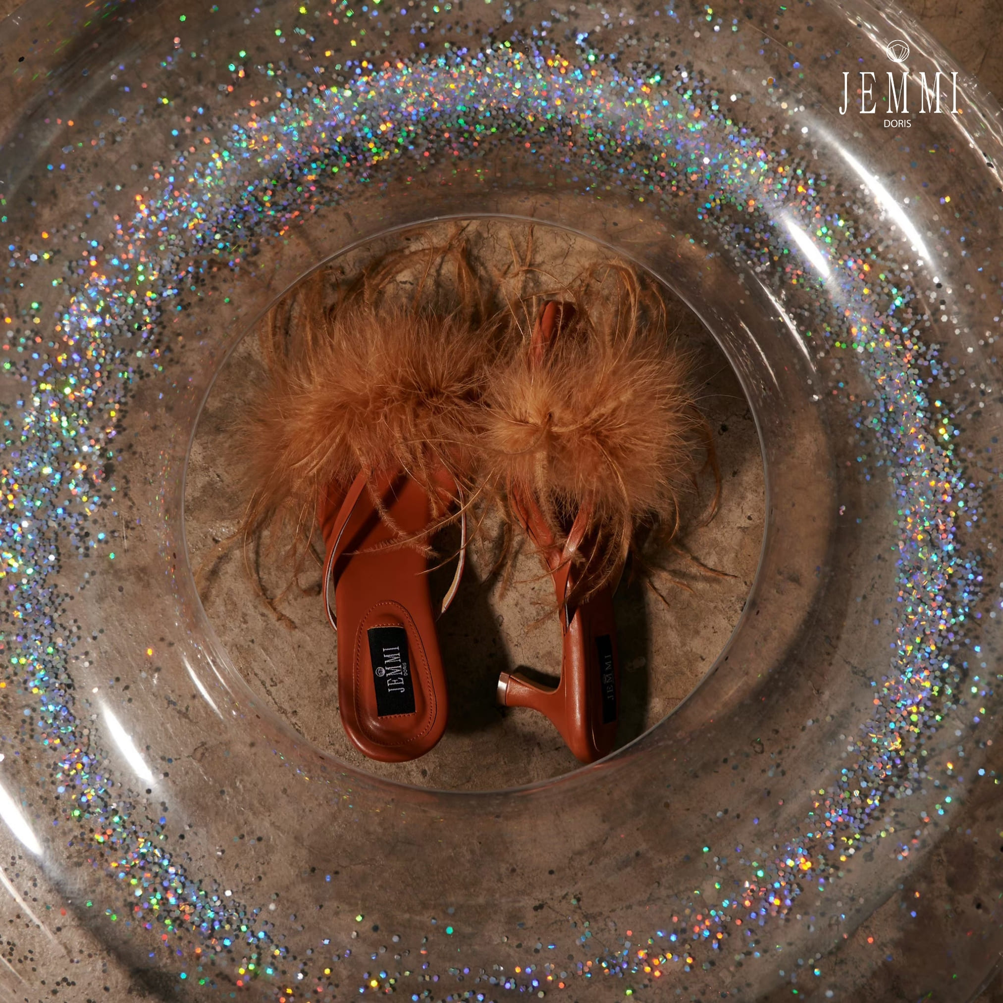 Jemmidoris 1.5 Inch High Heels Decorated with Feathers - Plumerie Heeled Sandals Brown ราคา 2,690 บาท*ส่งฟรี