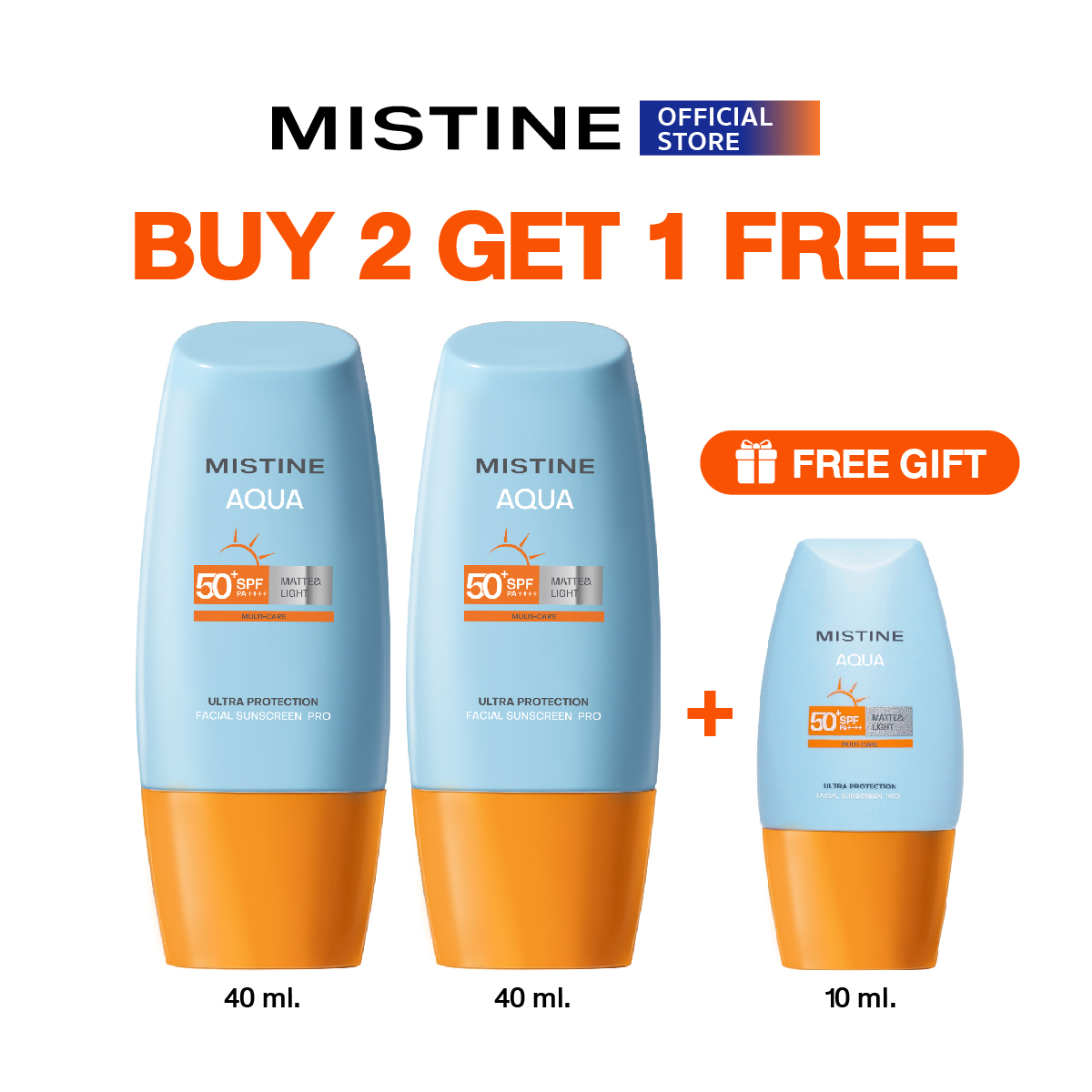 [PACK X3] MISTINE AQUA BASE ULTRA PROTECTION MATTE&LIGHT FACIAL SUNSCREEN PRO SPF50+ PA++++ มิสทินครีมกันแดด แมท แอนด์ ไลท์ 40 ML