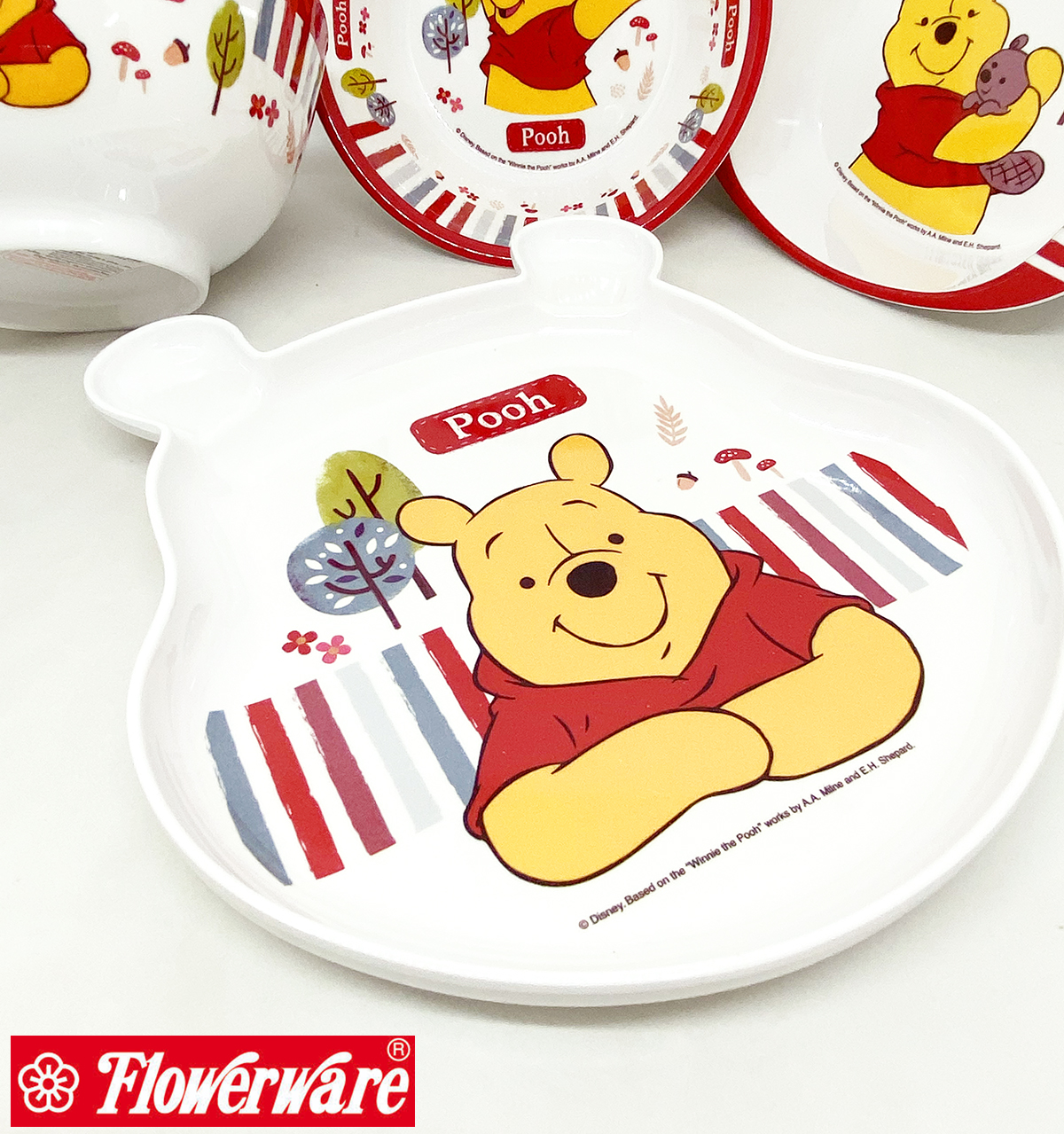 [ขายแยกชิ้น] จานข้าวเด็ก ช้อนส้อมเด็ก ถาดหลุม แก้วน้ำเมลามีน Disney POOH Woodlands หมีพูห์ ยี่ห้อฟลาวเวอร์แวร์ / 1 ชิ้น