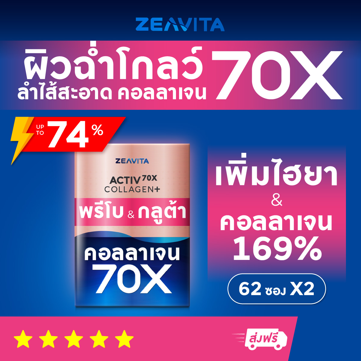 คอลลาเจน 70X พรีไบโอติกส์&กลูต้า ลำไส้สู่ผิวใส10in1(62ซองx2กล่อง) ซีวิต้า Collagen อาหารเสริม วิตามินซี