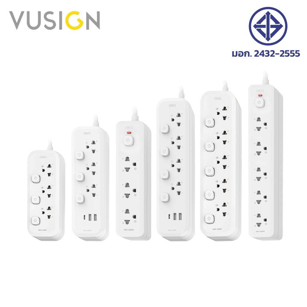 Vusign Extension Cord, 3-Prong Power Plug, Extension Cord, Home Power Plug, Standard Power Plug, Power Strip, Plug with -6 Sockets, Usb, Maximum Power 2300W, Length 3.5 Meters, Fire-Resistant Material, 750 °C, Standard Tis. Power Socket ราคา 169 บาท*ส่งฟรี