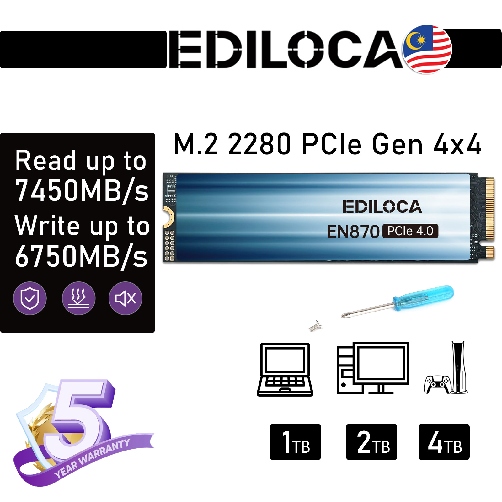 Ediloca EN870 Internal SSD PCIe Gen4, NVMe M.2 2280, up to 7450MB/s, 3D NAND TLC, Dynamic SLC Cache, Internal Solid State Drive, Compatible with PS5 and PC ราคา 8,499 บาท*ส่งฟรี