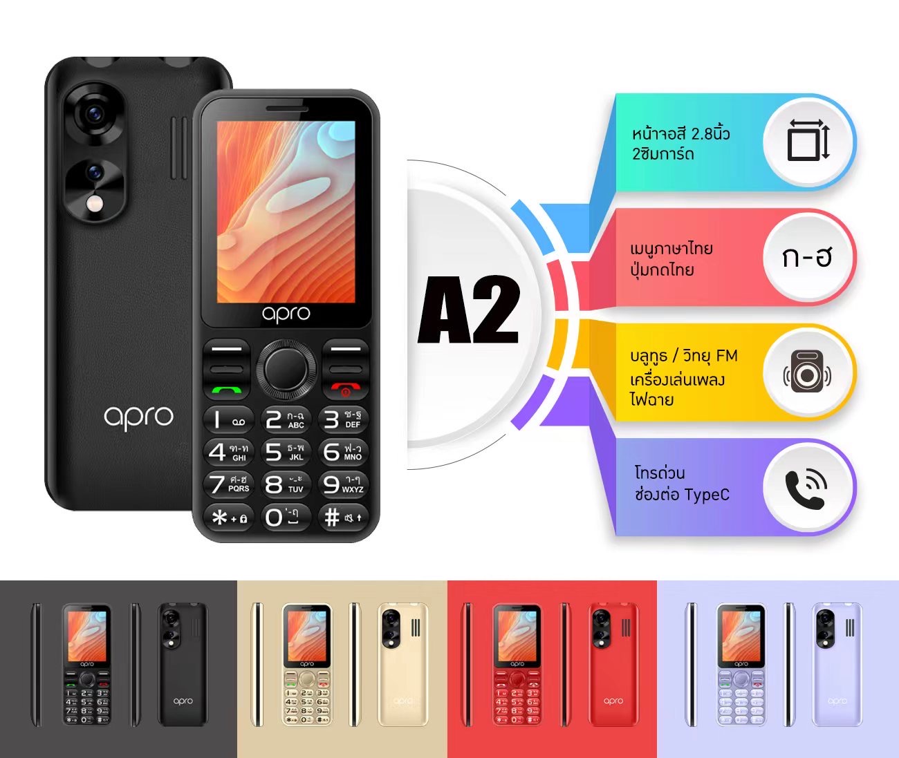 โทรศัพท์มือถือปุ่มกด Apro A2 รุ่นใหม่ 2 ซิม 3G/4G จอใหญ่ ตัวใหญ่ เสียงดัง แบตทน เมนูภาษาไทย ประกันศูนย์ไทย 1ปี ราคา 650 บาท*ส่งฟรี