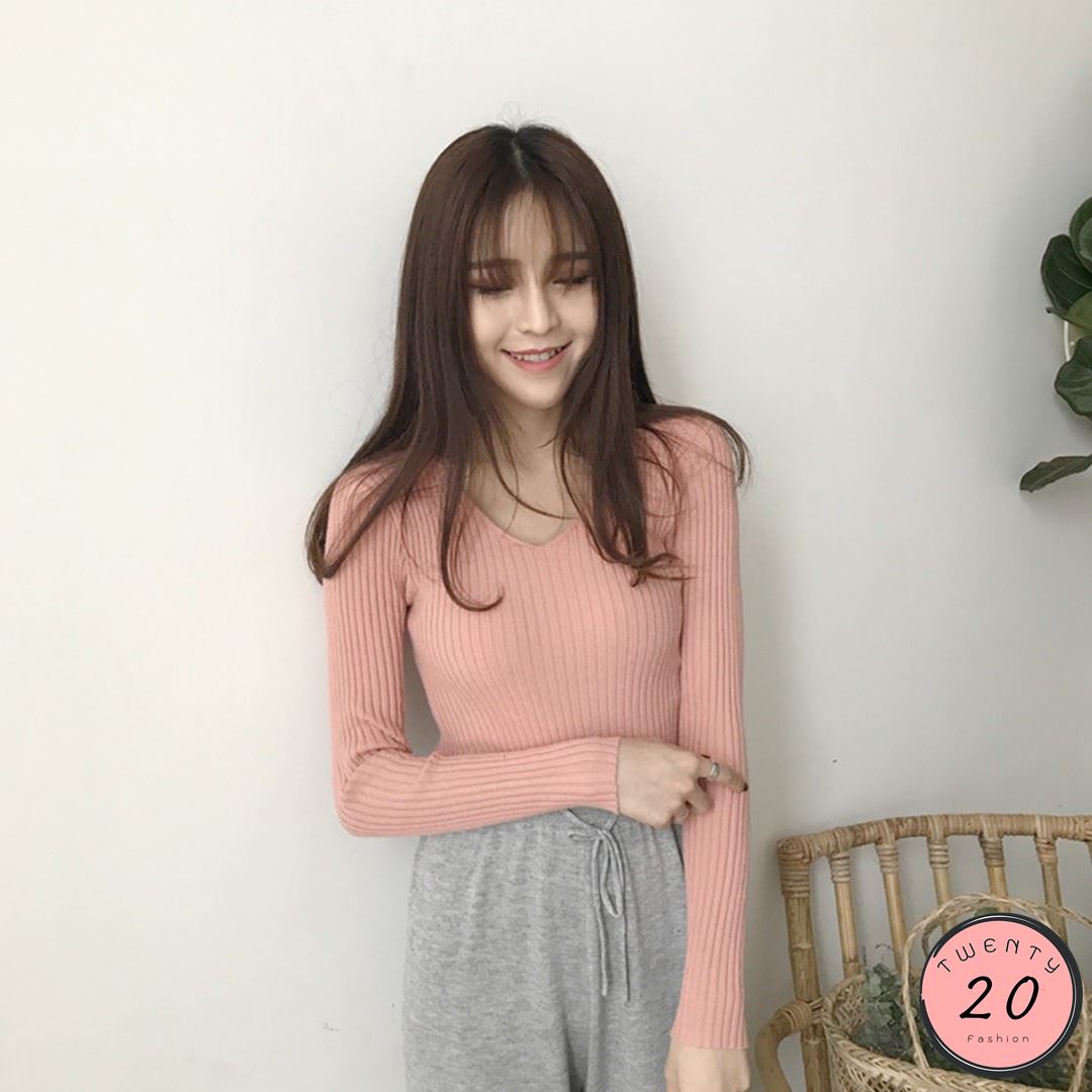 ✢20Twenty fashion✢ เสื้อไหมพรมแขนยาว คอวี ผ้าร่องยืด 16 สี