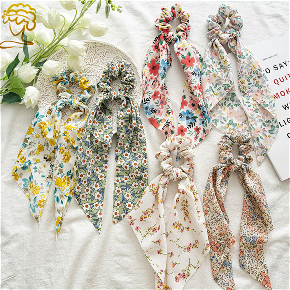 BUBBLE FASHION Ins Bow Ribbon Scrunchie Hair Accessories Women Girls Ponytail scarf Elastic Hair Bands Floral Print Scrunchies Long Ribbon Hair Tie