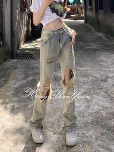 ภาพหน้าปกสินค้าHengShanYuan กางเกงยีนส์ผู้หญิง กางเกงยีนส์เอวสูง กางเกงยีนส์ทรงกระบอก กางเกงยีนส์ขายาว ฉีกกางเกงยีนส์ ยีนส์สไตล์ Y2K ที่เกี่ยวข้อง