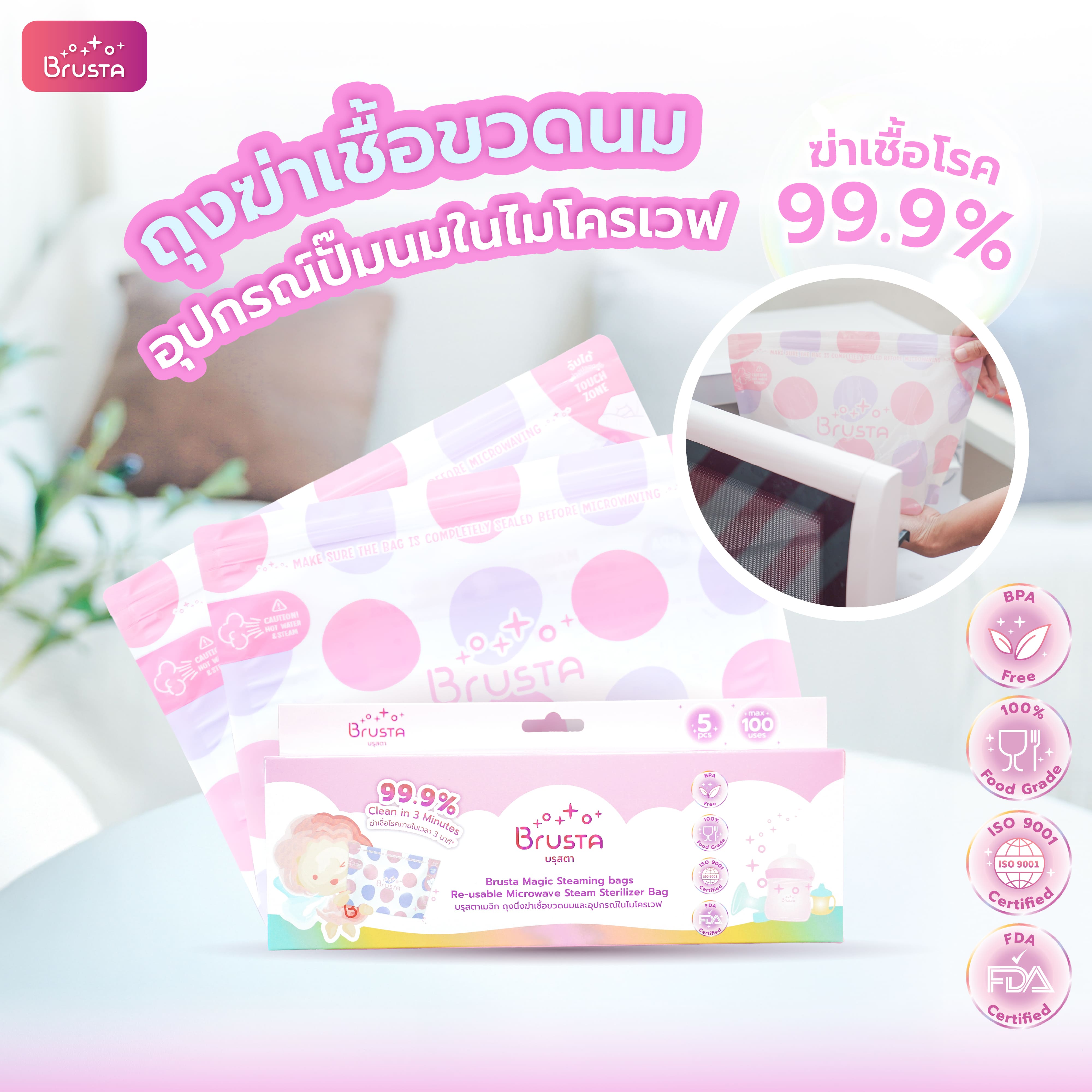 Brusta Sterilization Bag for Baby Bottles & Nipples for Microwave | Easy to Carry, Can Be Used with Breast Pumps and Baby Products. ราคา 333 บาท*ส่งฟรี