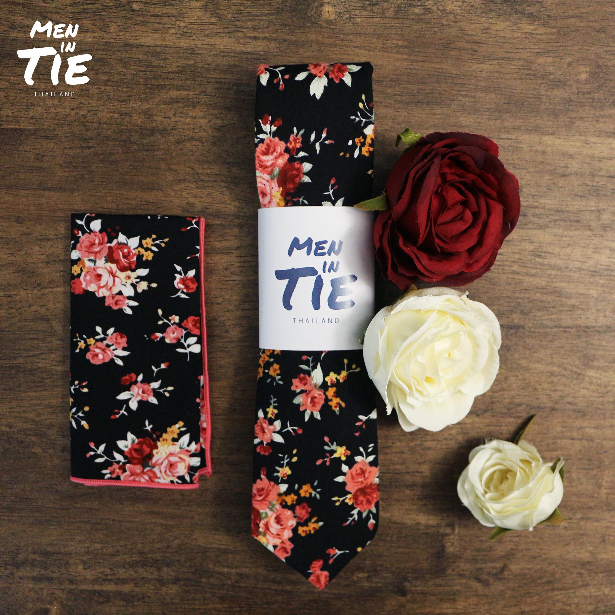 เซ็ทเนคไทคู่ ผ้าเช็ดหน้า ลาเพลพิน ลายดอกไม้ Floral tie with Pocket square and Lapel pin