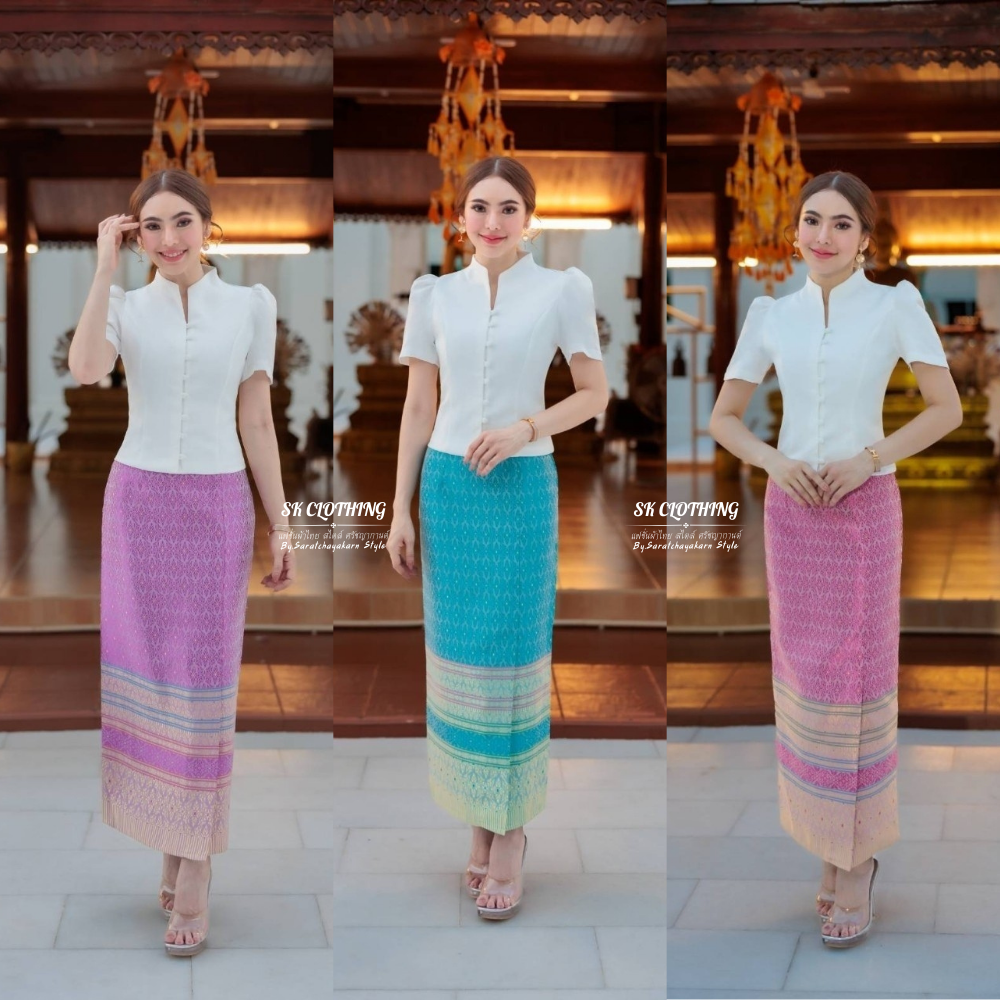 ชุดผ้าไทยสำหรับสวมใส่ไปวัด ชุดเสื้อเชิ้ตผ้าไหมญี่ปุ่นคอสูง ผ้าสำหรับทำกระเป๋าผ้าไหมปักด้ายทอง ลวดลายสวยงามประณีต