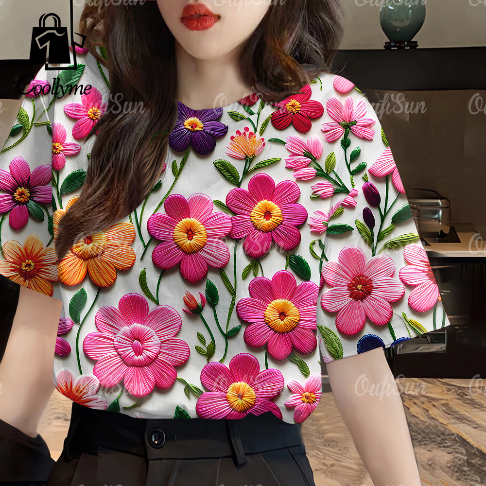2568 new women's 3D floral T-shirt hundreds of fashion casual top high quality round neck clothes tops ราคา 94 บาท*ส่งฟรี