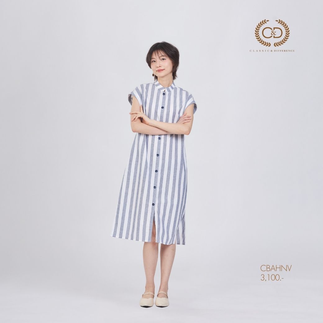 C&D Dress Two tone stripe เดรส ทรงตรง แขนเลย สีขาวริ้วกรม CBAHNV ราคา 3,030 บาท*ส่งฟรี