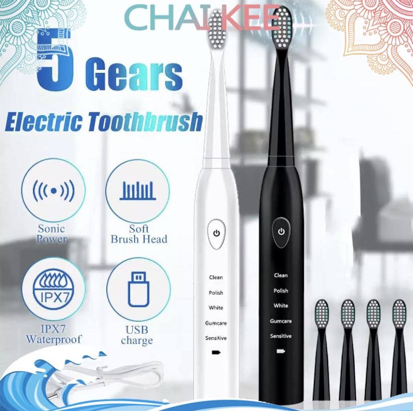 (แปรงสีฟันไฟฟ้า) แปรงสีฟันไฟฟ้า USB ขับเคลื่อน 5 โหมด 4 หัวแปรงนุ่มกันน้ำโซนิคสมาร์ท สินค้าของแท้ 100 % เก็บเงินปลายทางได้