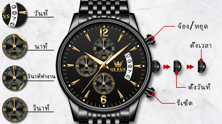 มุมมองเพิ่มเติมของสินค้า OLEVS หรูหรา นาฬิกาผู้ชายกันน้ำ 2023 ต้นฉบับ ขายนาฬิกาโครโนกราฟสแตนเลสแฟชั่นมัลติฟังก์ชั่นใหม่แสดงปฏิทินเรืองแสง