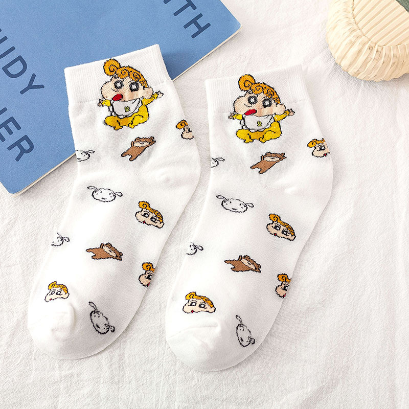 OMEA Women Cartoon Socks 5 Pairs Cotton Crayon Lovely Socks Japanese  Stylish Funny Socks White Kawaii Harajuku Style Short