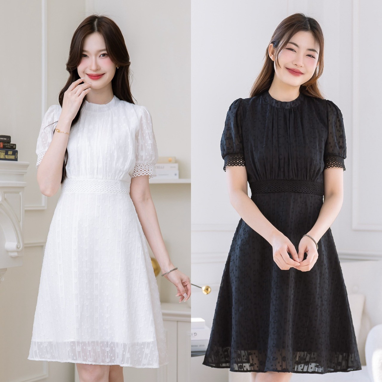 Japanese Texture Chiffon Dress Beautiful, Sweet, and Looks Extremely Expensive. the Color Is Beautiful and Clean, Just Like a Child's Outfit. Classic Black Color Adds Grandeur and Elegance. Beautiful Pattern, High Neck Design. Sewn with Pleats at the Ches ราคา 720 บาท*ส่งฟรี