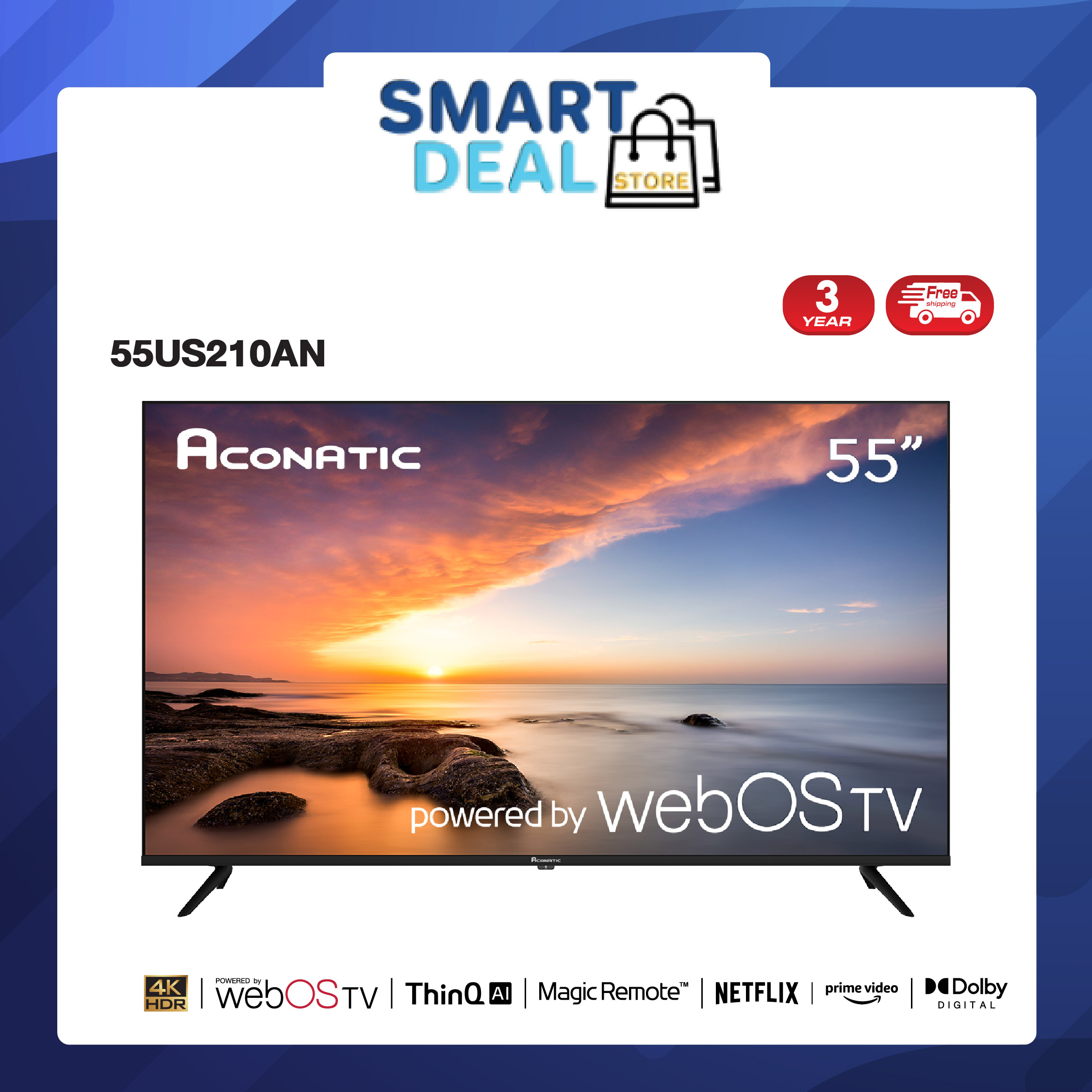 Aconatic Smart TV 4K HDR สมาร์ททีวี 55 นิ้ว รุ่น 55US210AN WebOS TV รีโมทสั่งการด้วยเสียง ประกัน 3ปี ราคา 14,690 บาท*ส่งฟรี