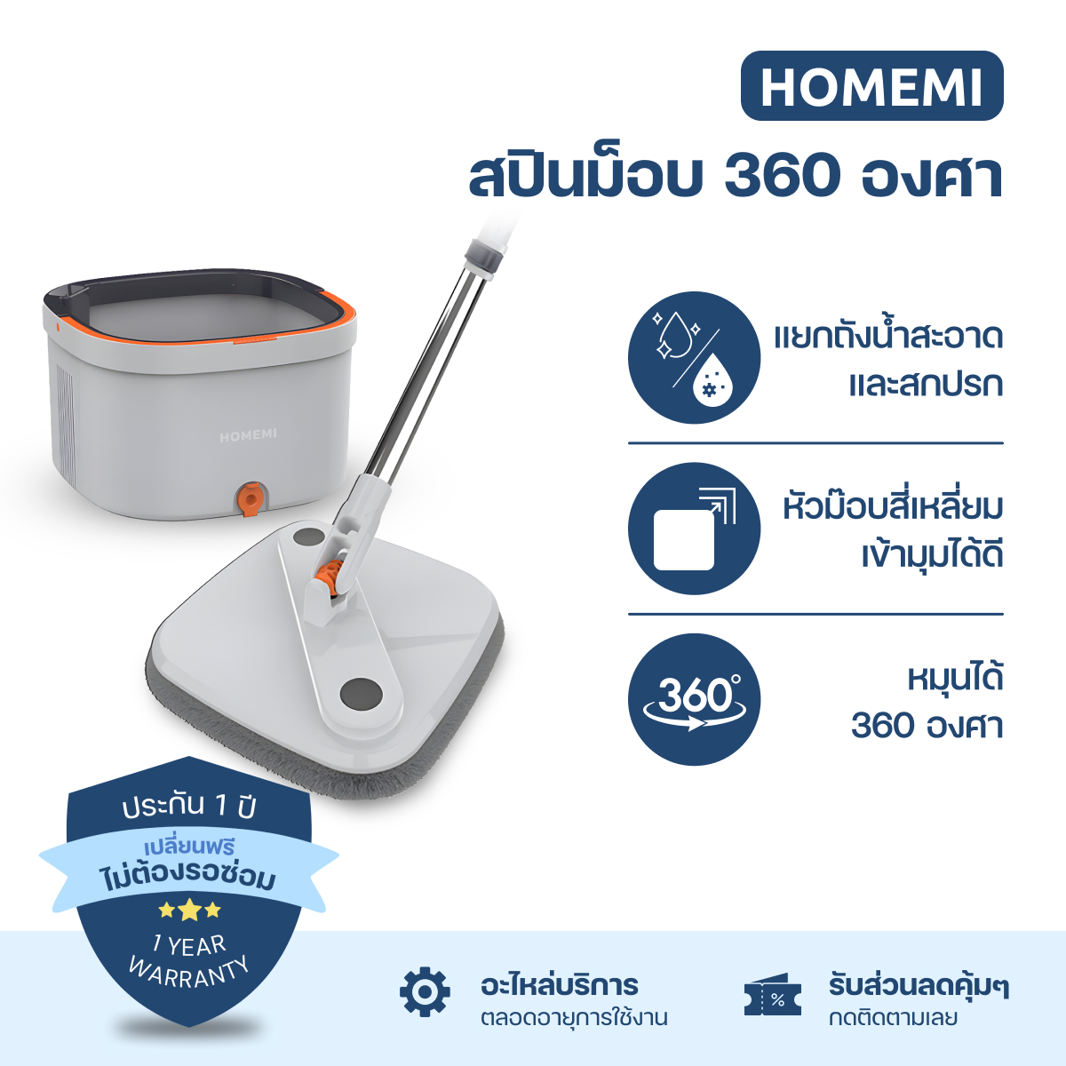 Homemi สปินม็อบ Spin Mop ม็อบถูพื้น ม็อบ 360 องศา รุ่น HM0070-P-WH ราคา 690 บาท*ส่งฟรี