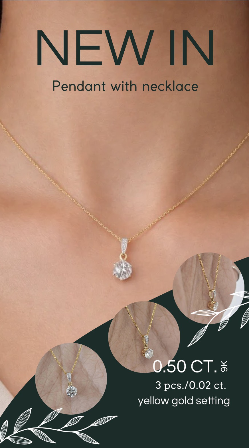 Pendant with Chain, 0.50 Carats, 3 Small Diamonds, Total Weight 0.02 Carats, 9K Gold Setting, 9K Italian Gold Chain, Length 16 Inches, P000586. ราคา 19,300 บาท*ส่งฟรี
