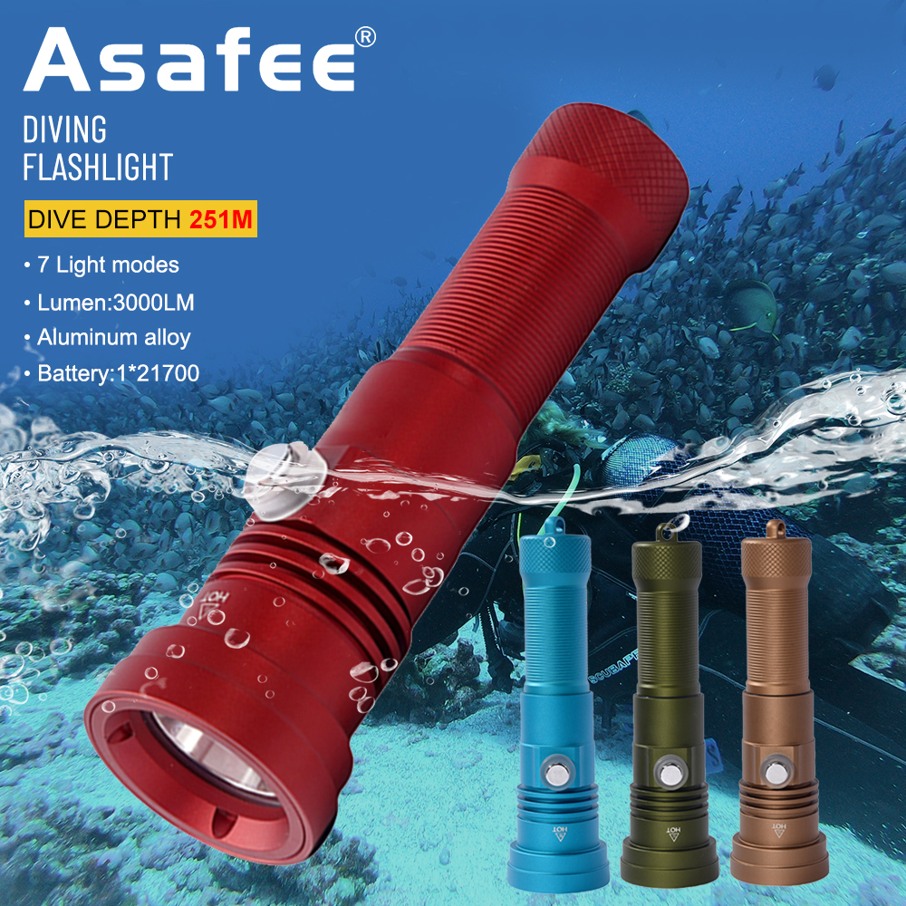 Asafee DT70 Professional Diving Flashlight SST70 LED Underwater Scuba Snorkeling Flashlight use 21700 Battery Rechargeable 3000LM 7Modes IPX8 Waterproof 251M Adventure fishing lamp ราคา 2,173 บาท*ส่งฟรี