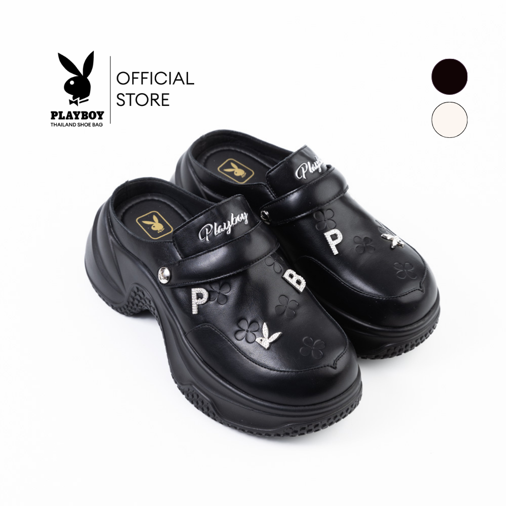 Playboy Model Fico Bunny Clogs, Clog-Style Shoes. Code: St-H254C1230 Soft Leather Design with Thick Heel. Decorated with Playboy Logo Parts. Available in 2 Colors: Classic Black/Ivory White. ราคา 1,968 บาท*ส่งฟรี