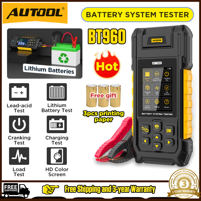 (✅Lithium Battery Test+3-year Warranty✅)AUTOOL BT960 0-80V Car Battery Tester Lithium Battery Test Lead Acid Battery Analyzer With Printer 30-2000CCA Diagnostic Tool ราคา 5,999 บาท*ส่งฟรี