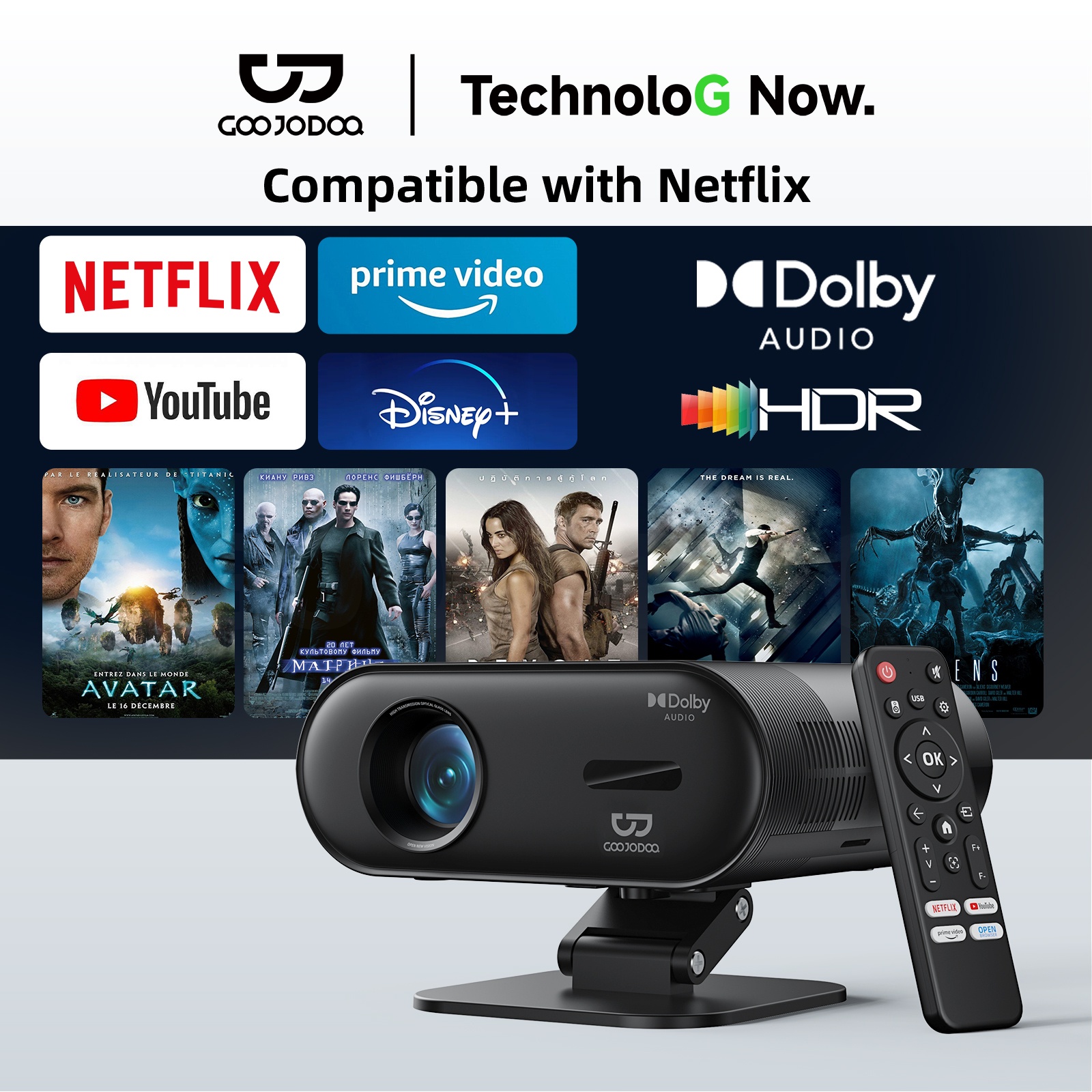 Goojodoq Native 1080P:300 Ansi Lumens Brightness Projector Supports 4K and Hdr Decoding, Built-In Netflix, Flexible Media Streaming and Big-Screen Experience, Auto-Focus System, Smart Linux System, 5G/2.4G Dual Band Wi-Fi. ราคา 4,599 บาท*ส่งฟรี