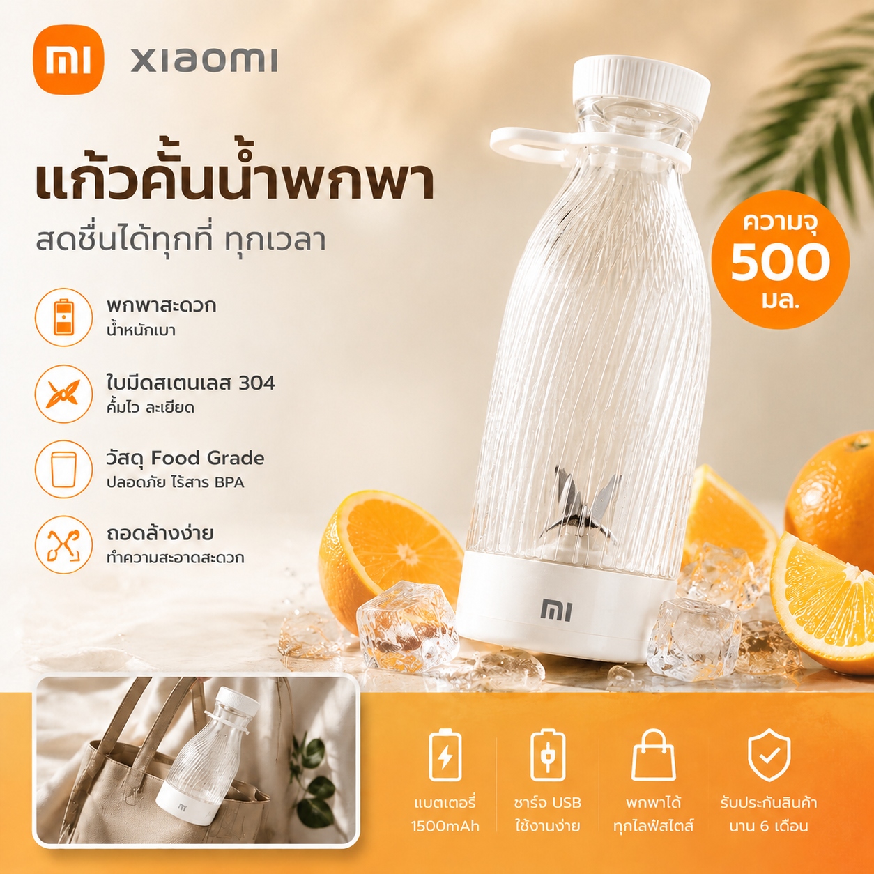 Xiaomi Portable Juice Blender 300/500ml, Wireless Mini Blender, 304 Stainless Steel Blades, USB Charging, 1500Mah Battery, Food Grade Bpa Free Material, Easy to Disassemble and Clean, Lightweight, Suitable for Work, Exercise, Travel, Genuine Product, Read ราคา 296 บาท*ส่งฟรี