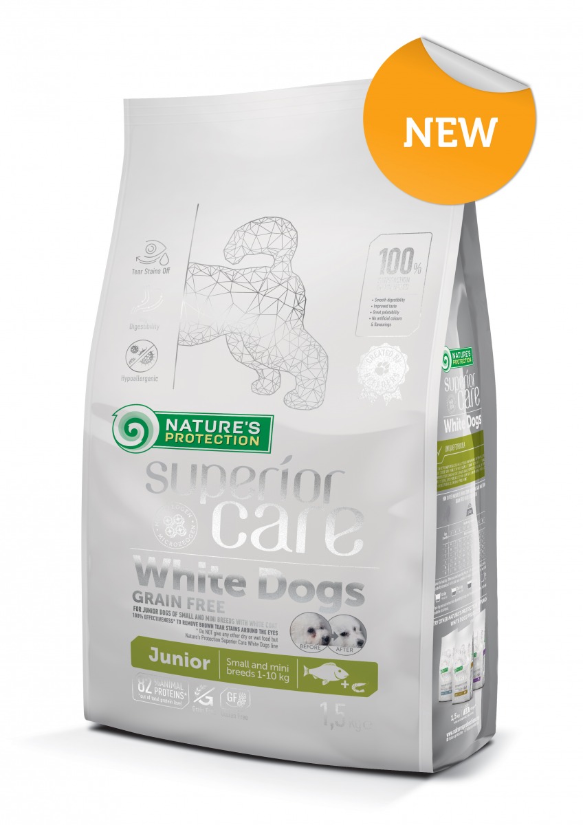 Nature's Protection White Dogs Junior small and mini breeds อาหารสุนัขเกรนฟรี สุนัขขนสีขาว พันธุ์เล็ก สูตรปลา ขนาด 1.5kg , 10kg ราคา 859 บาท*ส่งฟรี