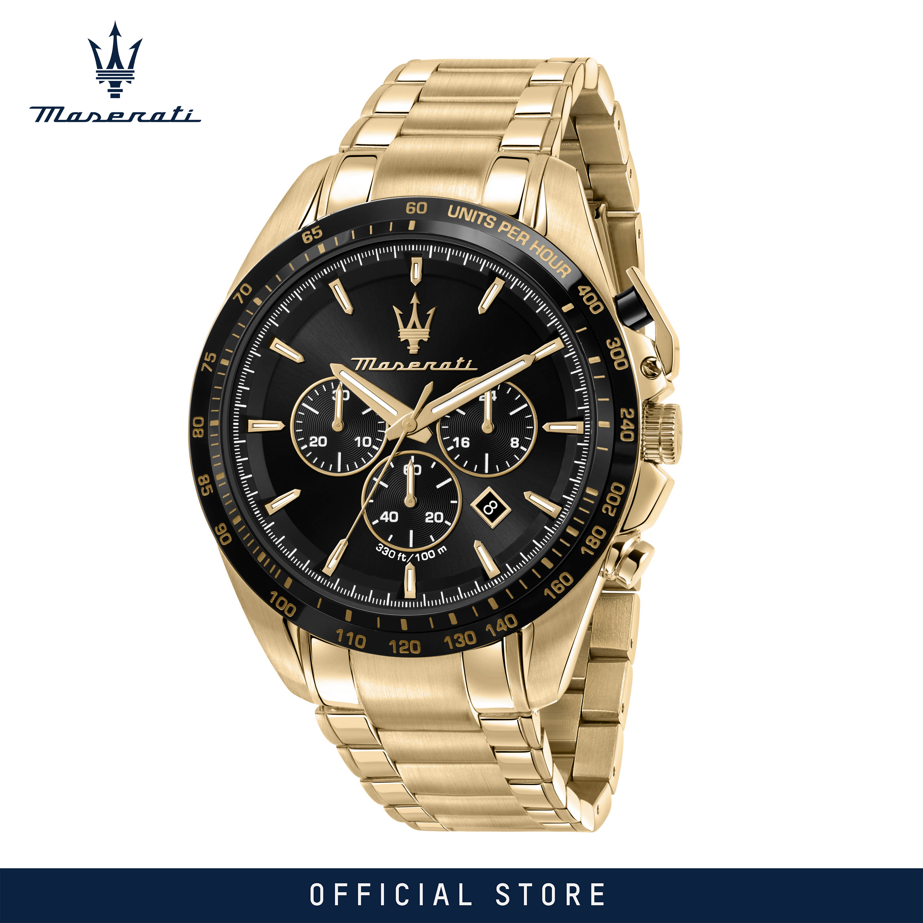 【2 Years Warranty】 Maserati Traguardo 45mm Black Dial Gold Stainless Steel Strap Men's Chronograph Quartz นาฬิกาข้อมือ R8873612041 With Luminous Dial Hands ราคา 9,765 บาท*ส่งฟรี