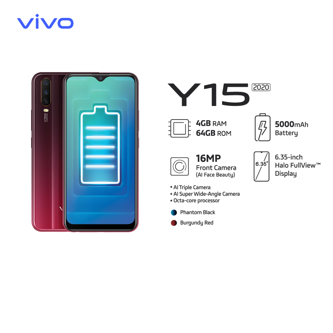 [Pre Order] Vivo Y15 (4GB+64GB) หน้าจอขนาด 6.35 FHD+ แบตเตอร์รี่ 5,000 mAh กล้องหน้า 16MP กล้องหลัง AI 3 ตัว (จัดส่งสินค้าหลังวันที่ 17 พ.ย. เป็นต้นไป)