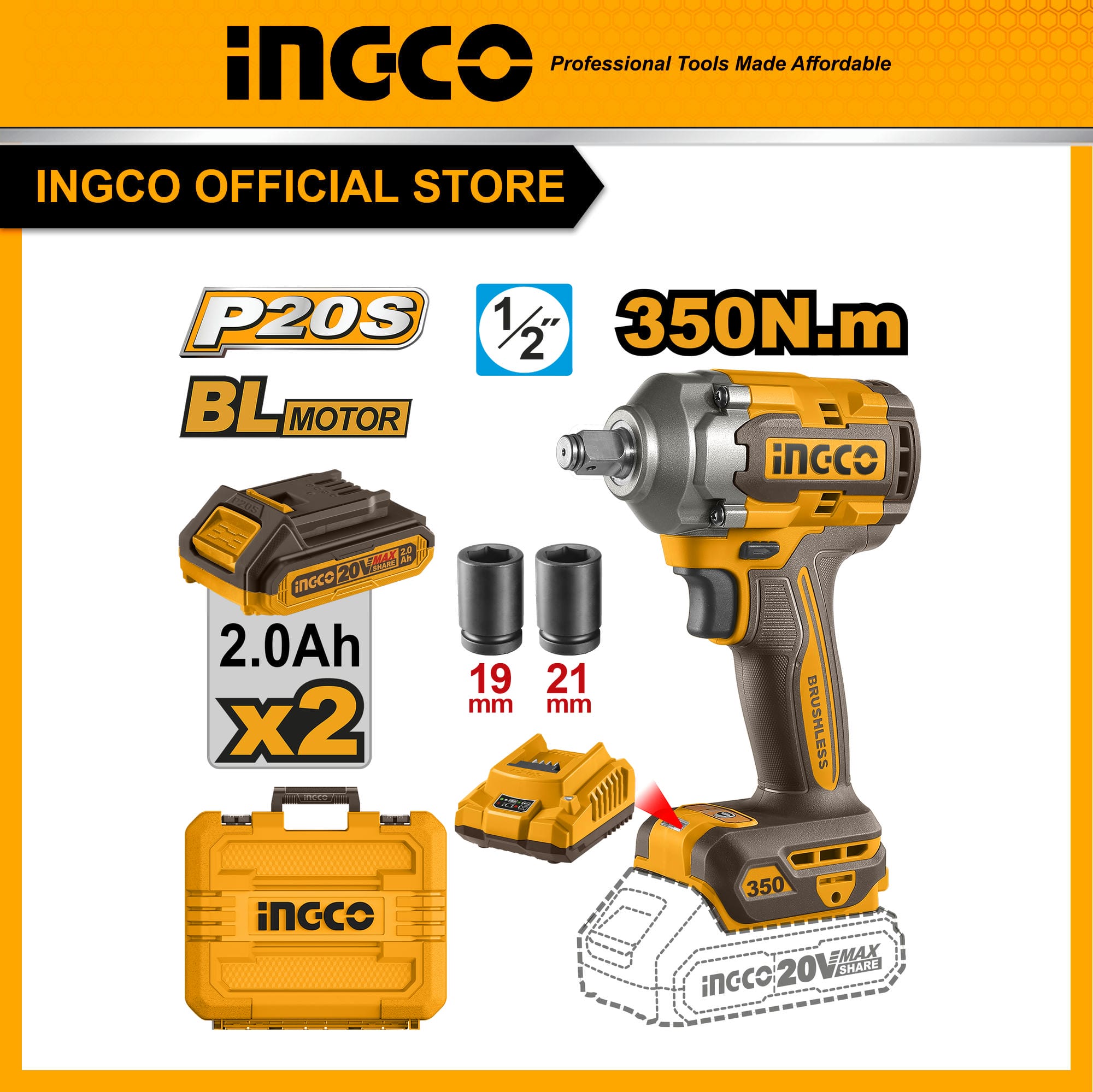 INGCO ชุดบล็อคกระแทกไร้สาย 20V 350Nm 2Ah 2 ก้อน CIWLI2035 ราคา 3,000 บาท*ส่งฟรี