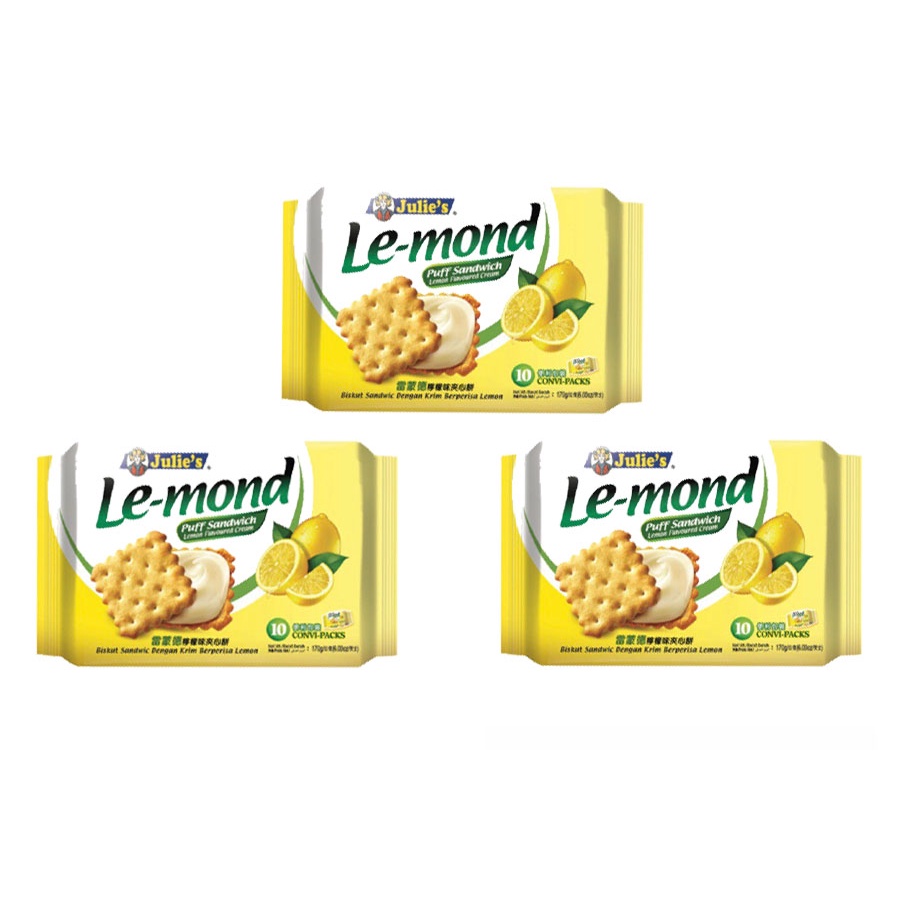 Julie's Le-mond ขนมปังกรอบ Puff Sanwich สอดไส้สครีมมะนาว ขนาด 170 กรัม ทั้งหมด 3 ห่อ ราคา 165 บาท*ส่งฟรี
