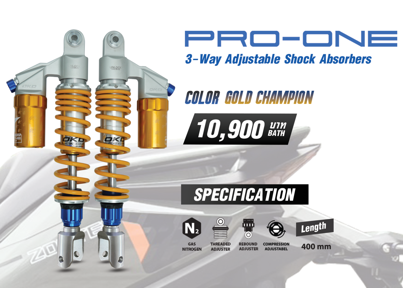 Rear Shock Okd Pro-One Color Gold Champion for Zontes 368g Custom Shock Absorber Pro One Zontes368G ราคา 13,190 บาท*ส่งฟรี