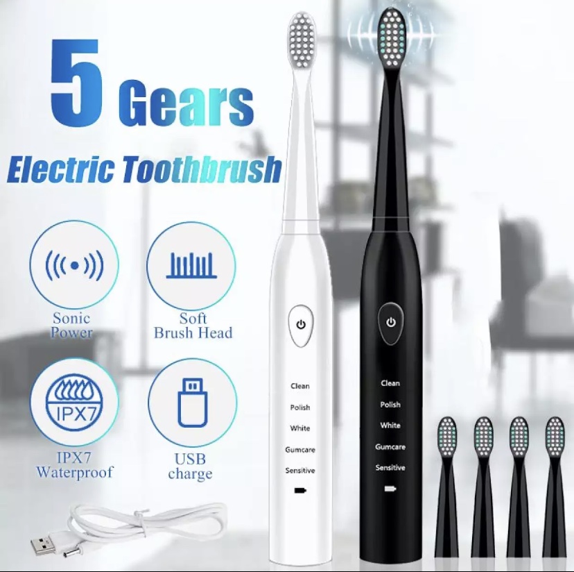 (สินค้าของแท้ 100 % ) Electric Toothbrush แปรงสีฟันไฟฟ้า USB ขับเคลื่อน 5 โหมด 4 หัวแปรงนุ่มกันน้ำโซนิคสมาร์ท