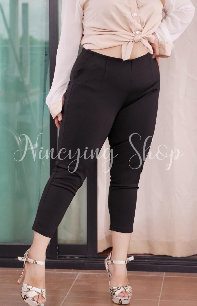 กางเกง8ส่วนสีดำ ซิปข้าง กางเกงสาวอวบ กางเกงไซส์ใหญ่ กางเกงผ้าโรเชฟ กางเกงทำงาน เอว30-42 นิ้ว