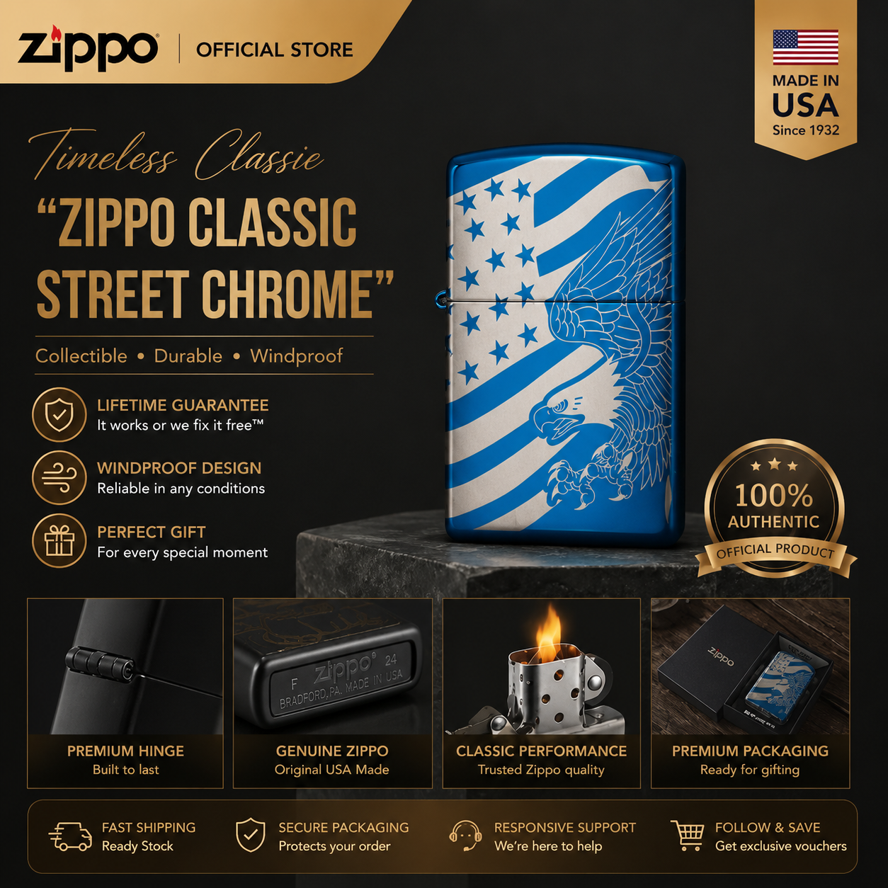 อุปกรณ์กีฬาและกิจกรรมกลางแจ้ง Patriotic 360 Laser High Polish Blue Windproof Pocket Lighter | Zippo 49046 (Lighter Without Fuel Inside) Poland High Quality (Lighter Without Fuel Inside)