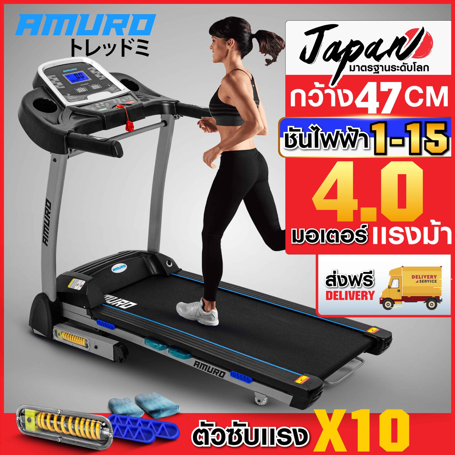 AMURO ลู่วิ่งไฟฟ้า ตัวใหญ่ 4.0 HP มอเตอร์ใหญ่ AUTO Incline ปรับชันไฟฟ้า โชคซับแรงกระแทก รุ่น T900