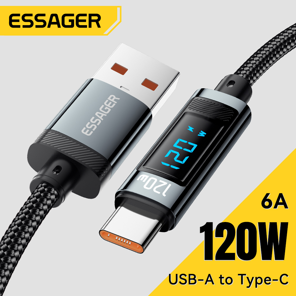 Essager สายชาร์จ USB to Type-C 6A 120W ของ พร้อมจอแสดงผลแบบดิจิทัล ถ่ายโอนข้อมูลด้วยกระแสไฟฟ้าสูง สายชาร์จเร็ว A ถึง C สำหรับ Xiaomi Redmi Black Shark