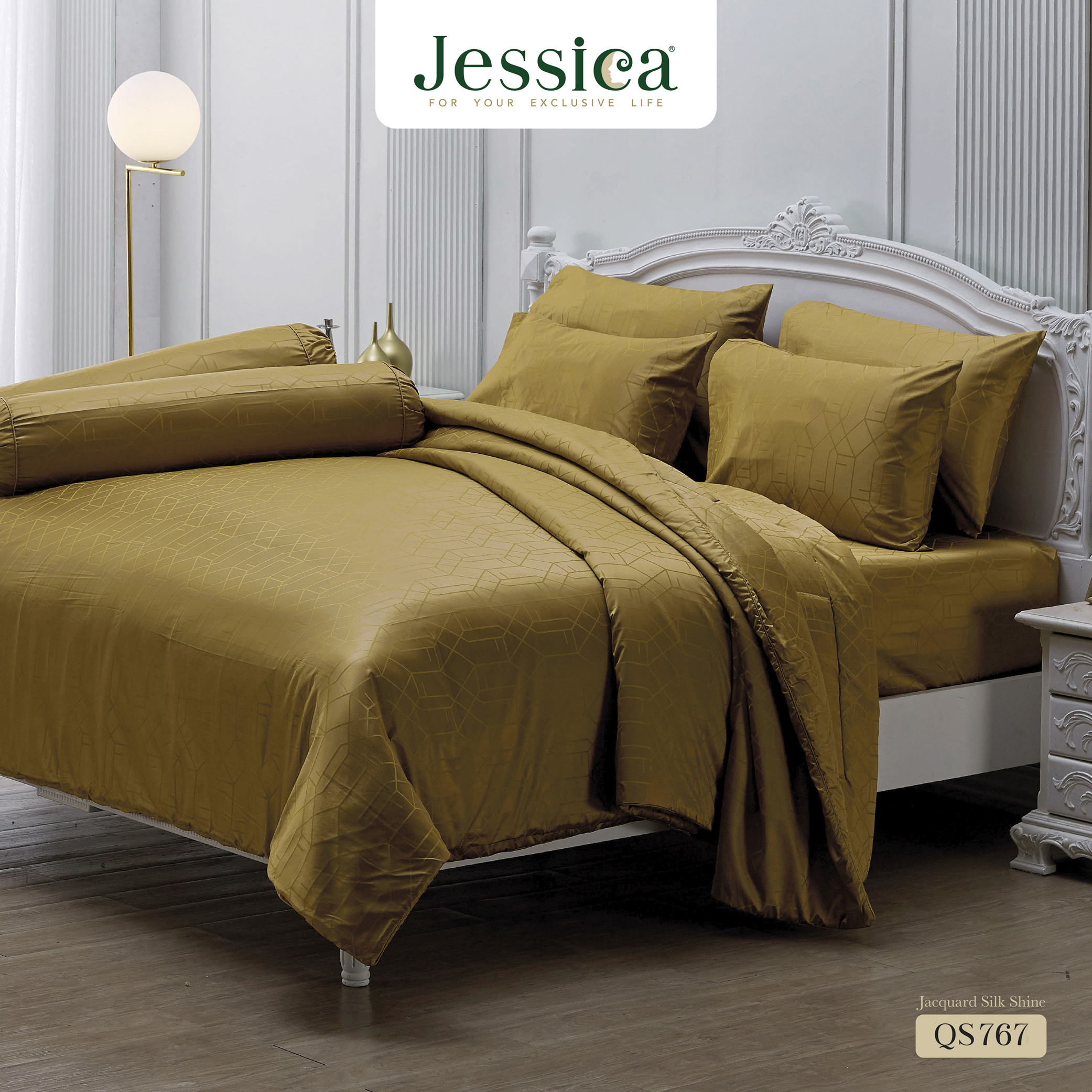 ชุดผ้าปูที่นอนและผ้านวมเกรดพรีเมียม Jessica Jacquard Silk Shine 500 Yarn Qs767 ปลอก ผ้าทอหรูหรา สามารถป้องกันไรฝุ่นได้ ราคา 3,700 บาท*ส่งฟรี