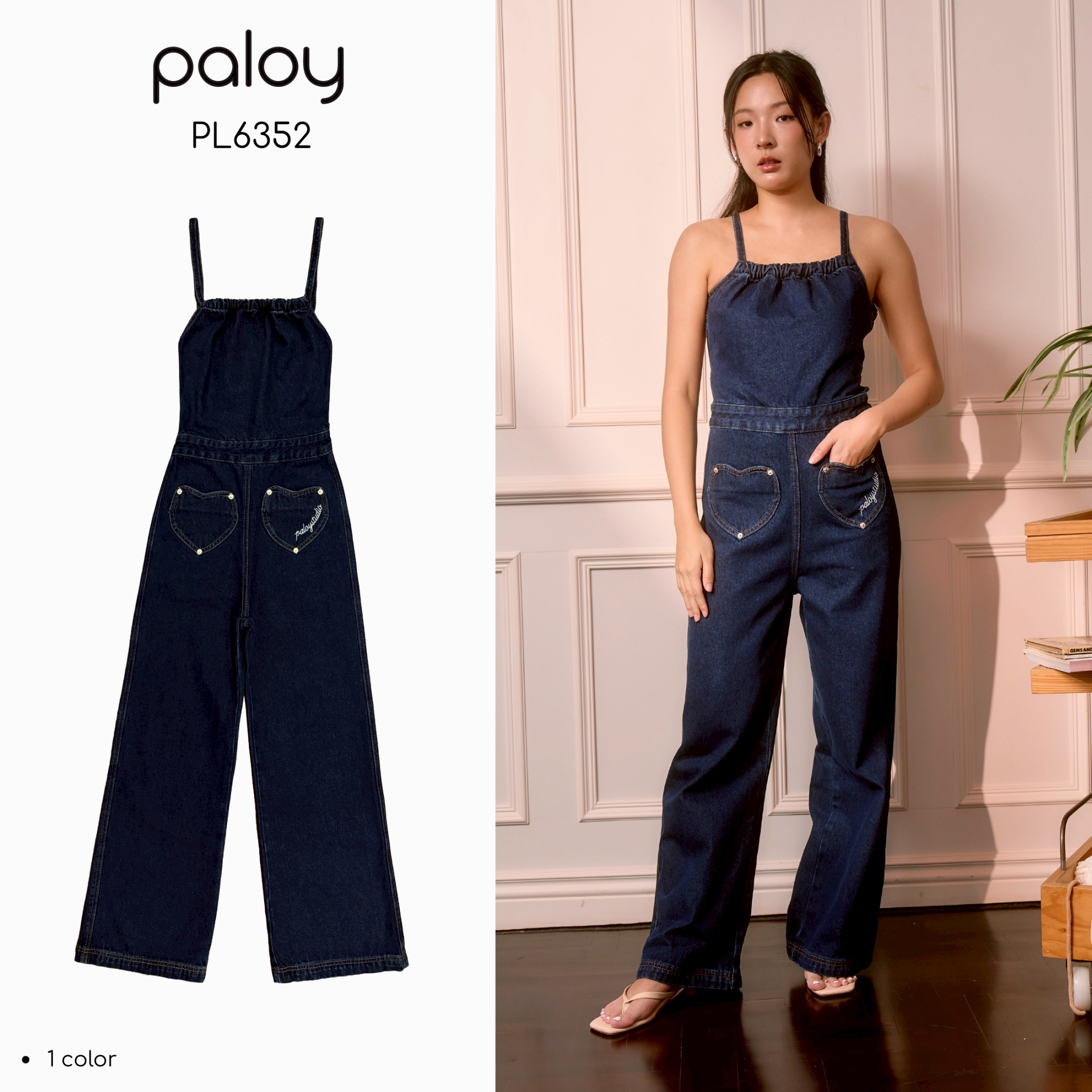 Paloy - Pl6352 Sweetheart Overall, Denim Overalls, Front Slit, Cross-Tie Straps at the Back, Decorated with Heart Embroidery. ราคา 1,090 บาท*ส่งฟรี