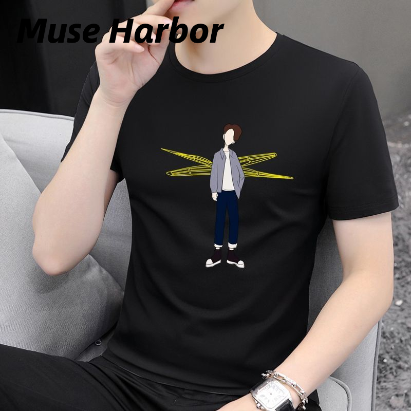 Muse Harbor เสื้อยืดคอกลมแขนสั้นผู้ชายไซส์ใหญ่ลำลองพิมพ์ลายแขนสั้นทรงหลวมระบายอากาศ ราคา 45 บาท*ส่งฟรี