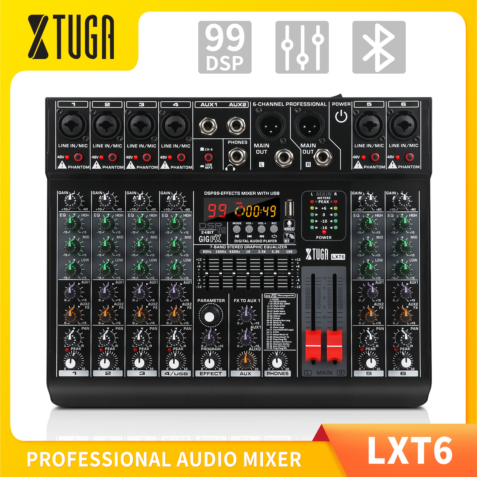 XTUGA LXT6 DJ Mixer 6 Channel Multipurpose Professional Audio Mixer, Support Bluetooth/USB/MP3 Playback, Built-in 99 DSP Digital Effect with 48V Phantom Power, 7-band equalizer, Reverb Effect Mixing Console ราคา 2,699 บาท*ส่งฟรี
